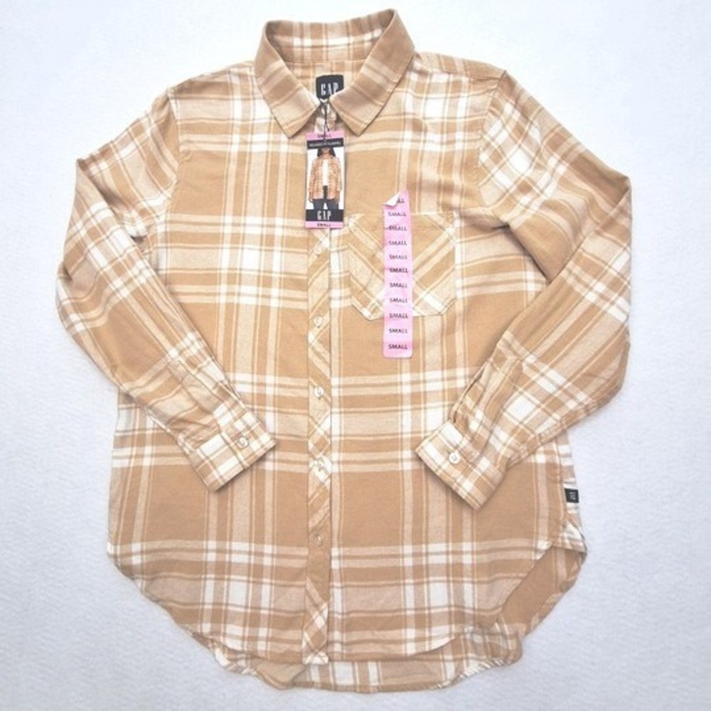 GAP Shirt Womens Small Tan Jodie Plaid Flannel Button Down Long Sleeve Cotton